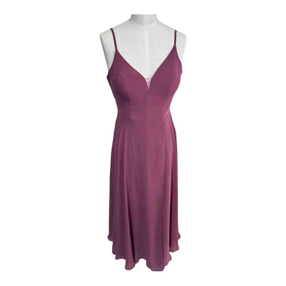 Azazie Maxi Dress A-Line Lace Cutout Women's 4 Plum Chiffon Spaghetti Strap Gown